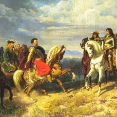Obraz przedstawia Jana III Sobieskiego na koniu, otoczonego przez żołnierzy, na tle bitwy pod Wiedniem.