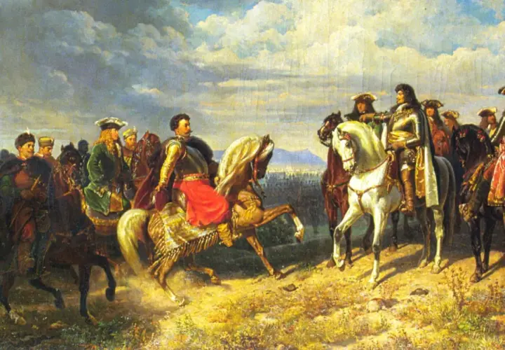 Obraz przedstawia Jana III Sobieskiego na koniu, otoczonego przez żołnierzy, na tle bitwy pod Wiedniem.