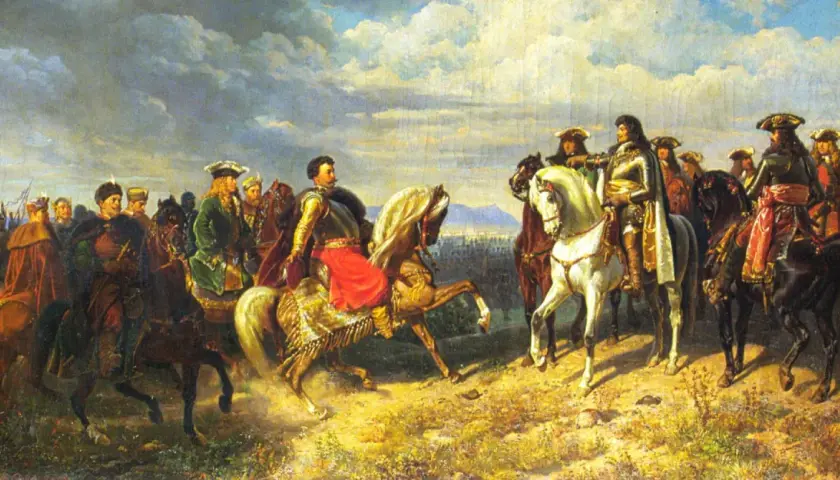 Obraz przedstawia Jana III Sobieskiego na koniu, otoczonego przez żołnierzy, na tle bitwy pod Wiedniem.