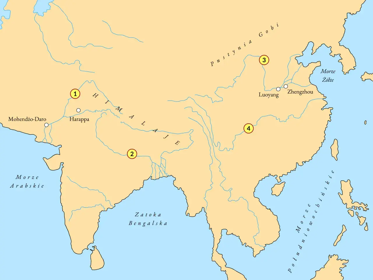 Mapa pokazuje, dlaczego pierwsze cywilizacje powstały nad wielkimi rzekami: Harappa, Mohendżo-Daro, Luoyang i Zhengzhou.