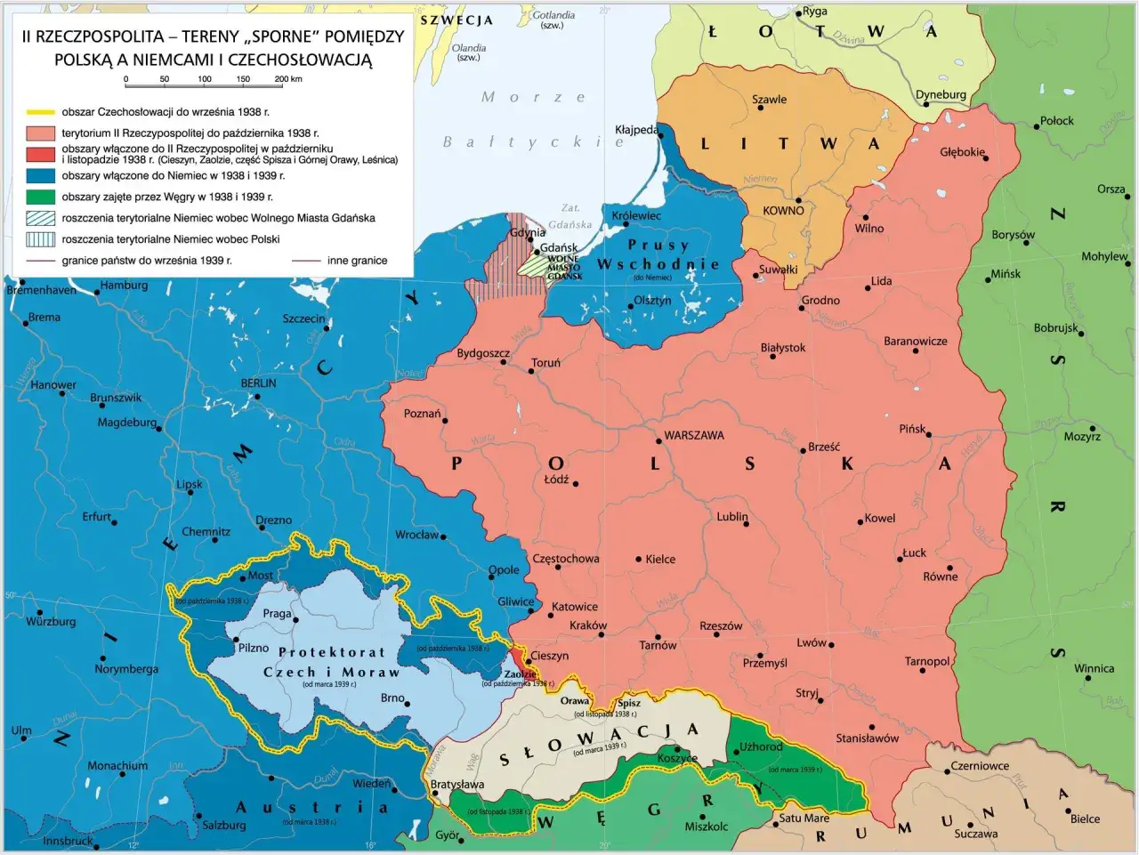 Mapa przedstawia tereny II RP sporne między Polską a Niemcami i Czechosłowacją. W którym roku Polska odzyskała niepodległość? 1918.